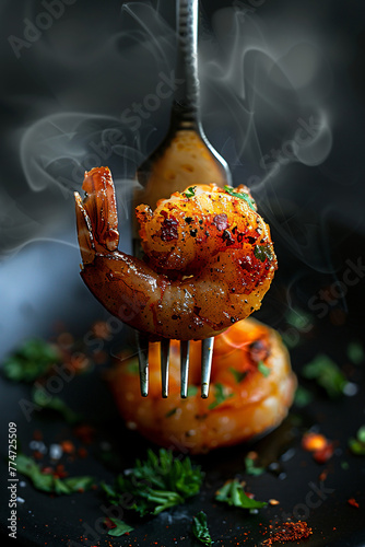 a fork with a piece of freshly fried and seasoned shrimp in centre of the frame, subtle delicate steam, symmetrical composition, on black background