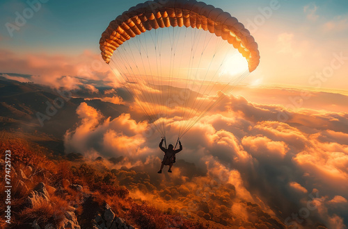 In the sky, a man experiences the thrill of extreme paragliding, soaring amidst the clouds