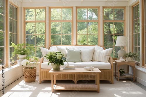 Serene Escape: Relaxing Sunroom with Cushioned Seats for a Light and Airy Experience