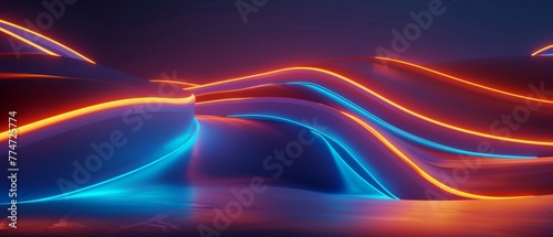 Abstract geometric background illuminated with blue orange neon light and glowing wavy lines. Futuristic minimal wallpaper.