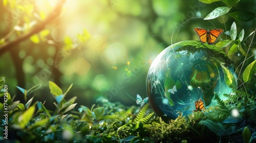 Globe in the forest, Earth day concept.