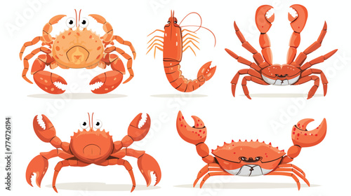 Cartoon shrimp and crab collection set Flat vector