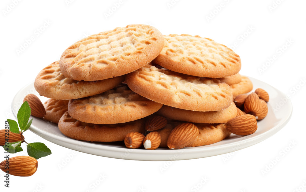 A white plate with a tempting arrangement of cookies and almonds A white plate with a tempting arrangement of cookies and almonds