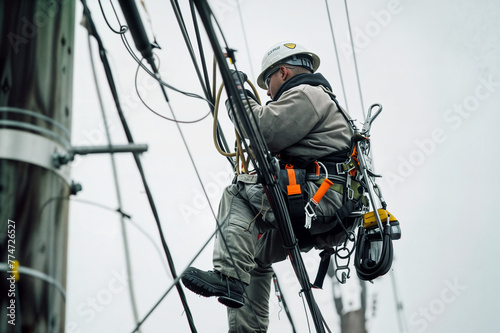 Electric Company Worker Inspecting a Utility Pole