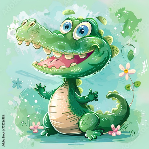 Cheerful crocodile cartoon illustration  AI generation. Wallpaper design for kids  books