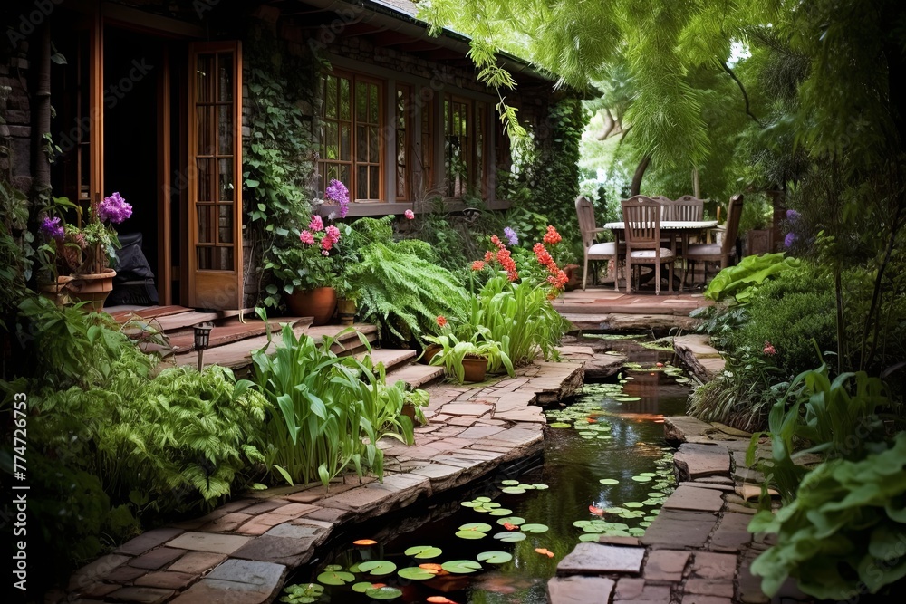 Tranquil Koi Pond Patio: Inspiring Water Features & Lush Greenery Serenity