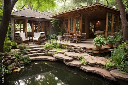Rustic Charm: Serene Koi Pond Garden Patio with Weathered Wood Accents