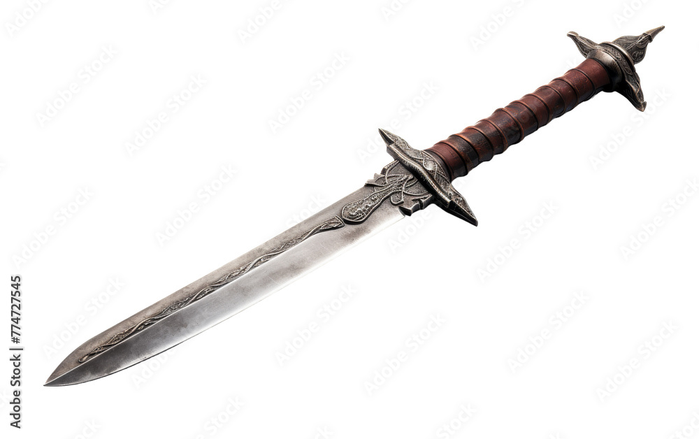 A wooden-handled sword resting gracefully on a clean white background A wooden-handled sword resting gracefully on a clean white background