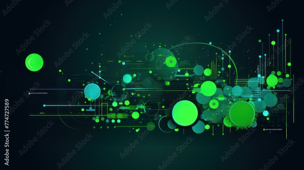 Obraz premium Abstract digital artwork featuring green circles and lines against a black background
