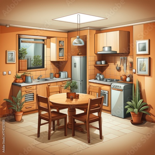 Kitchen room isometric illustration with a table  sink  and various elements.