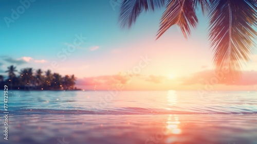 Palm trees sway on a tropical beach at sunset