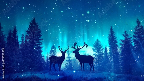 A pair of deer silhouettes in the night forest with snowfall and aurora lights.