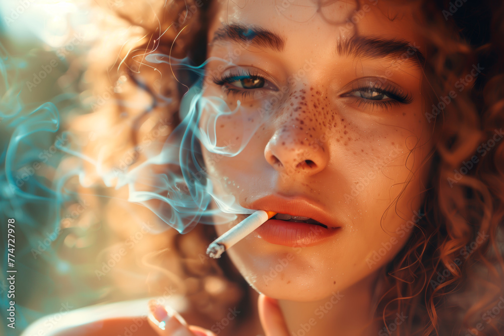Fototapeta premium Young woman smoking, curly hair and freckles, contemplative mood. Unhealthy habits and addiction concept.