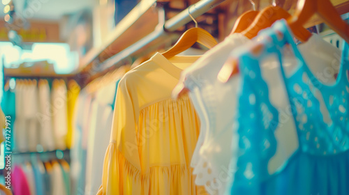 Colorful summer dresses on display in boutique, fashion retail. photo