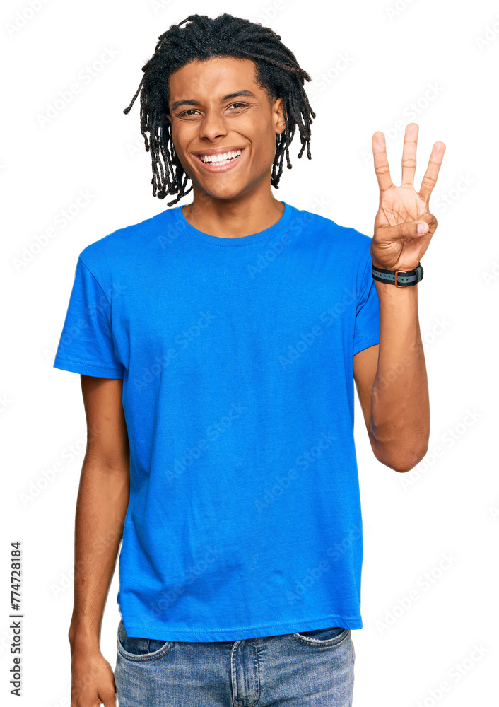 Young african american man wearing casual clothes showing and pointing up with fingers number three while smiling confident and happy. Young african american man wearing casual clothes showing and pointing up with fingers number three while smiling confident and happy.