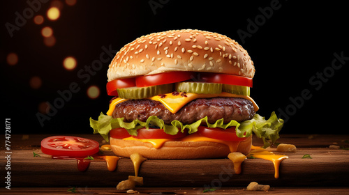 A realistic depiction of a classic cheeseburger with lettuce, tomato, and cheese, with the juices and condiments captured in high resolution. photo