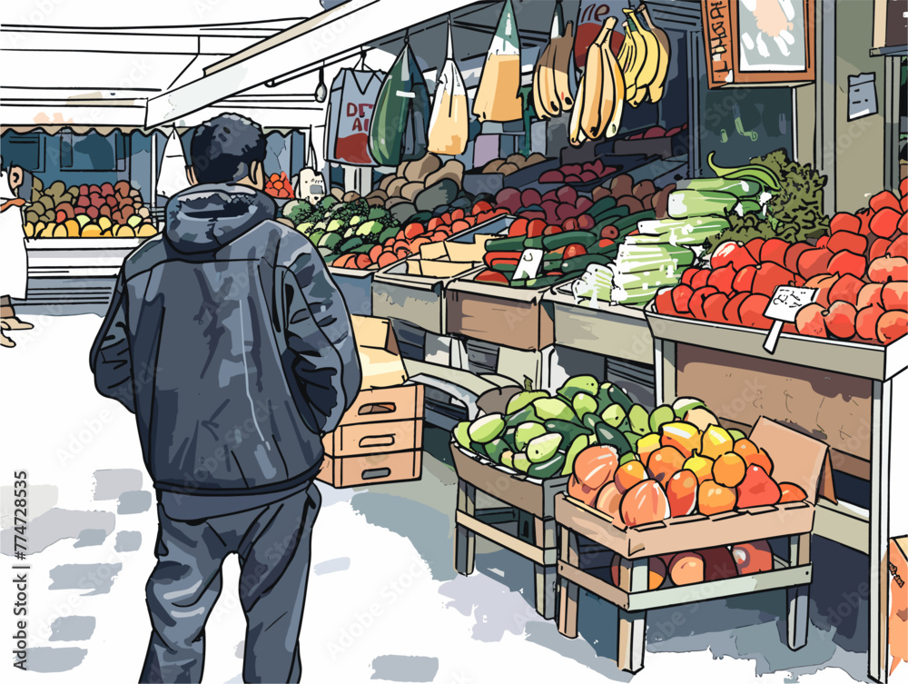 white background, Exploring a bustling market, in the style of animated illustrations, full body, only one man, text-based