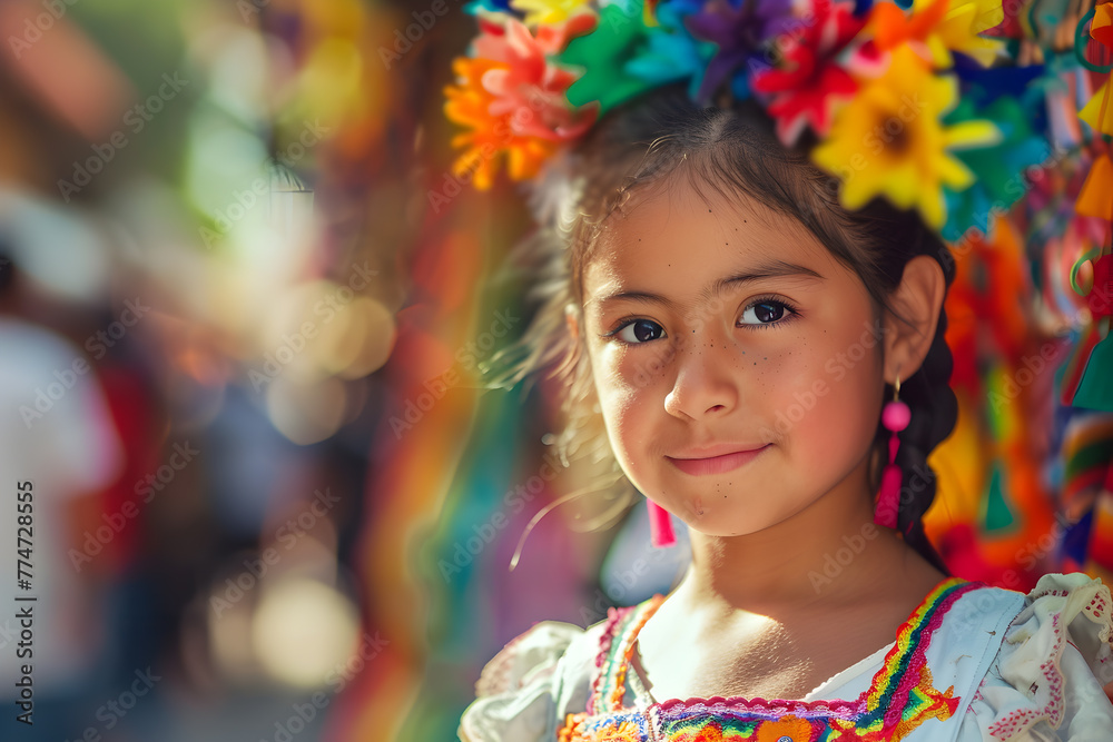 Cinco de Mayo concept - young Mexican girl wearing national costume during outdoor fiesta celebration Cinco de Mayo concept - young Mexican girl wearing national costume during outdoor fiesta celebration