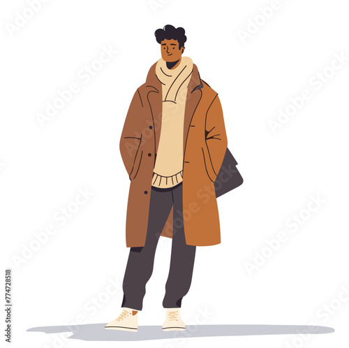 white background, Attending fashion shows to scout trends, in the style of animated illustrations, full body, only one man, text-based