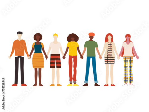 white background  Diverse people linking arms  in the style of very simple and colorful flat illustrations  full body  text-based