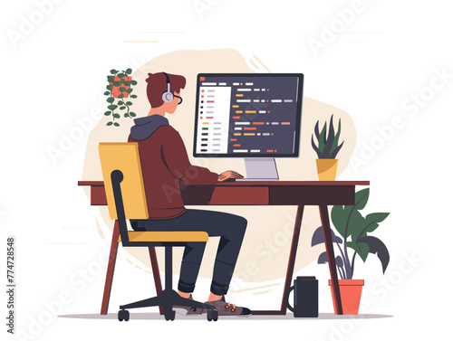 white background, Attending a coding bootcamp, in the style of animated illustrations, full body, only one man, text-based
