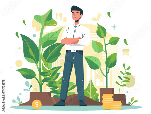 white background, Seeking opportunities for growth and advancement, in the style of very simple and colorful flat illustrations, full body, text-based

