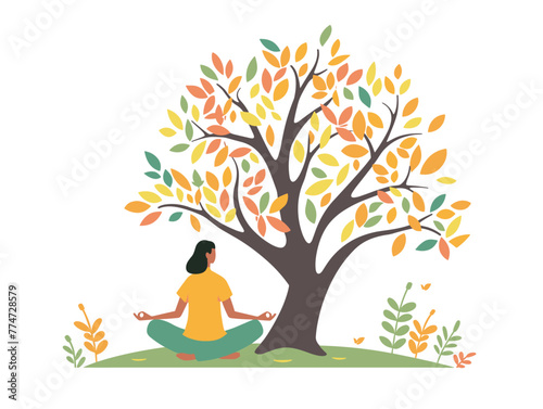 white background  Person meditating under a tree  in the style of very simple and colorful flat illustrations  full body  text-based
