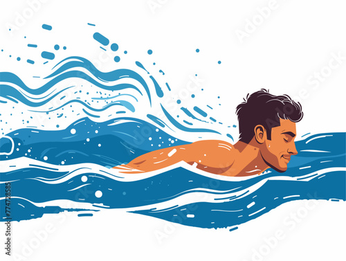 white background, Swimming in the ocean, in the style of animated illustrations, full body, only one man, text-based