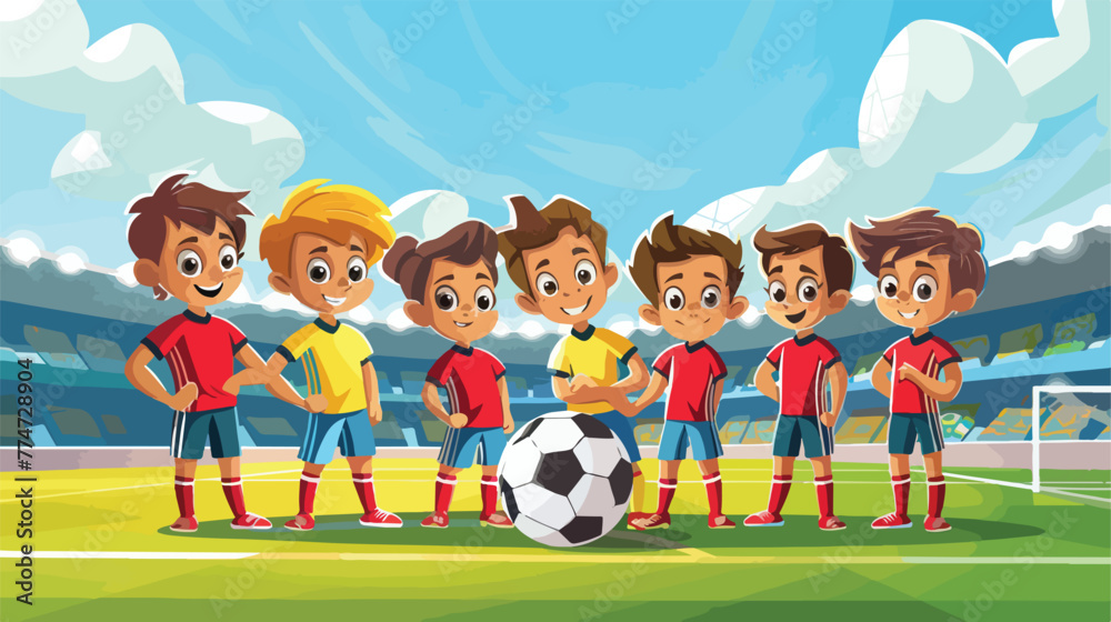 Cartoon soccer kids team at a stadium Flat vector 