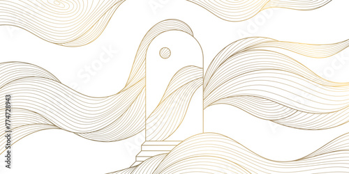 Vector abstract gold background, arch and waves, sun, moon. Line golden illustration, elegant celestial, spiritual card.