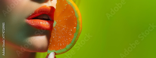 A woman with orange lips. The woman is holding a slice of orange in her mouth. a woman's lips glossed with vibrant orang, holding a slice of citrus fruit against a bold lime green backdrop