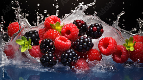 A vibrant HDR image of a cascade of mixed berries, including raspberries and blackberries, falling into a splash of water, showcasing their natural beauty.