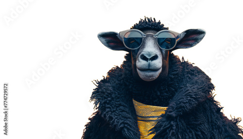 Cool black sheep wear in funny black fur coat from whoole with sunglasses. photo