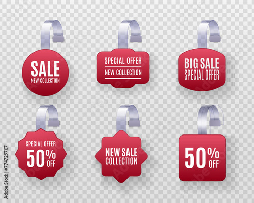Discount sticker, special offer, plastic price banner, label for your design. Set of realistic detailed 3d red wobbler promotion sale labels isolated on a transparent background.