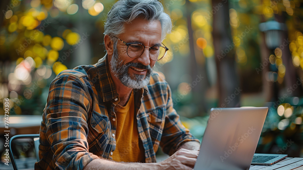 Obraz premium Smiling mature man with beard using laptop at outdoor cafe surrounded by autumn foliage.
