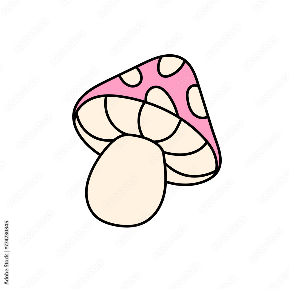 Funky abstract fly agaric. Groovy amanita with trippy aesthetics of 80s, 90s. Psychedelic mushroom with spotted hat on retro style sticker. Flat isolated vector illustration on white background Funky abstract fly agaric. Groovy amanita with trippy aesthetics of 80s, 90s. Psychedelic mushroom with spotted hat on retro style sticker. Flat isolated vector illustration on white background