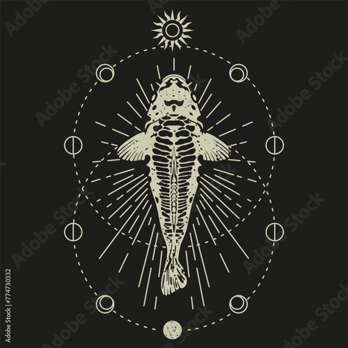 Fish skeleton surrounded by moon and sun