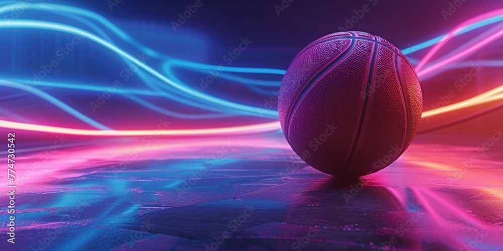Fototapeta premium Basketball with blue flash light under black background. 3D illustration. 3D high quality rendering.