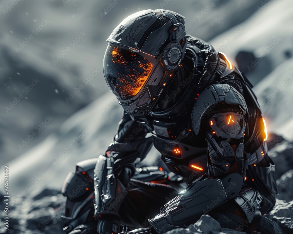 Ninja in advanced space suit, stealthily exploring moons shadowy terrain, hightech gadgets glowing, 3D render , Uniqe