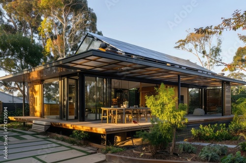 Eco-friendly home with solar panels and rainwater harvesting