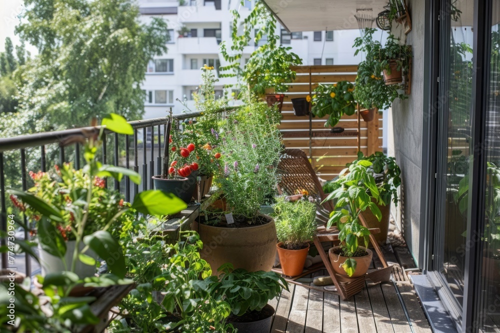 Balcony filled with container plants and herbs