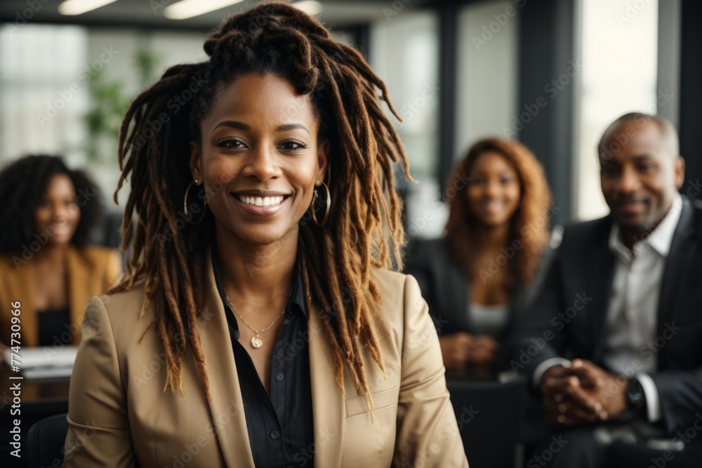 A woman with dreadlocks is smiling at the camera in a business setting A woman with dreadlocks is smiling at the camera in a business setting
