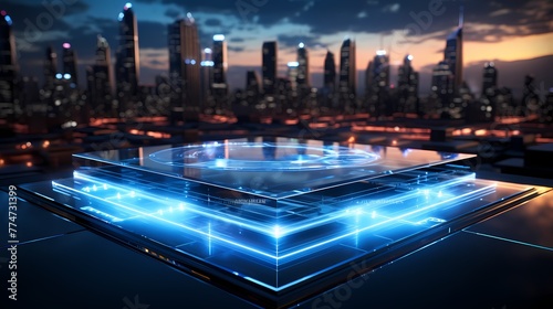 A futuristic holographic display mockup projecting interactive visuals on a clean background
