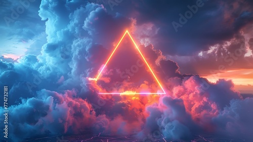 Clouds and neon triangle shape in a night sky in 3D. Stormy cumulus with glowing geometric frame.