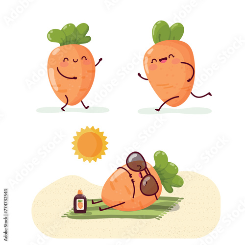 Set of funny carrots that walk, run and sunbathe
