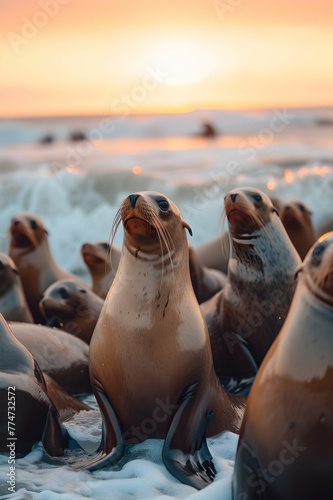 Sea lion family in the ocean water with setting sun shining. Group of wild animals in nature. © linda_vostrovska