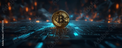 Glowing Bitcoin on futuristic digital background