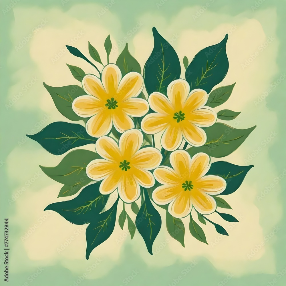 Yellow flowers and green leaves on yellow green Yellow flowers and green leaves on yellow green