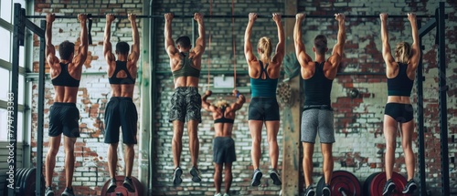 A group of six attractive young males and females doing pull-ups on bar in a bricked gym with black mats and brick walls photo