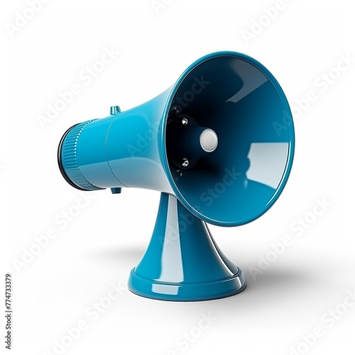 Blue megaphone speaker or loudspeake 3D render clay style, isolated on white background photo